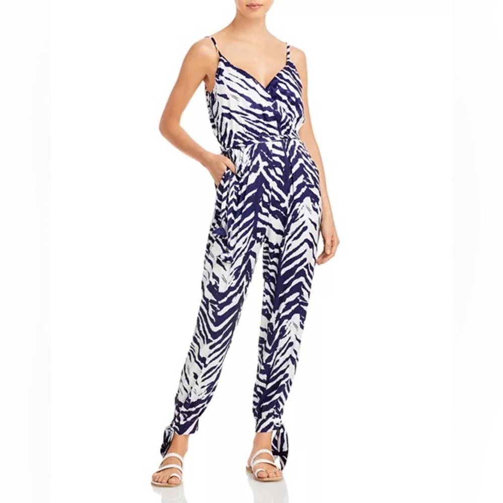 AQUA Blue White Tiger Print Wrap Jumpsuit XL Pockets Tie Ankles‎ NWT